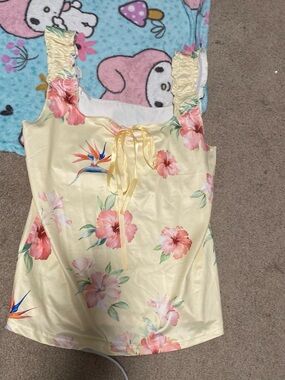 Floral Satin Camisole Tank Top - Yellow with Pink Bloom Print